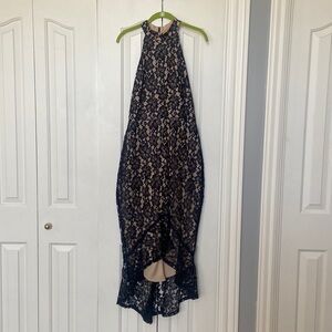 Navy blue embroidered mermaid dress with a nude lining